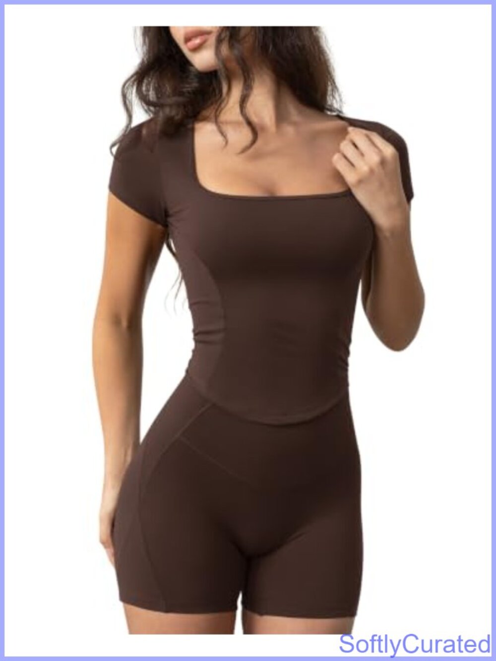 Women Square Neck Short Sleeve Fitted Crop Workout Gym Yoga Top